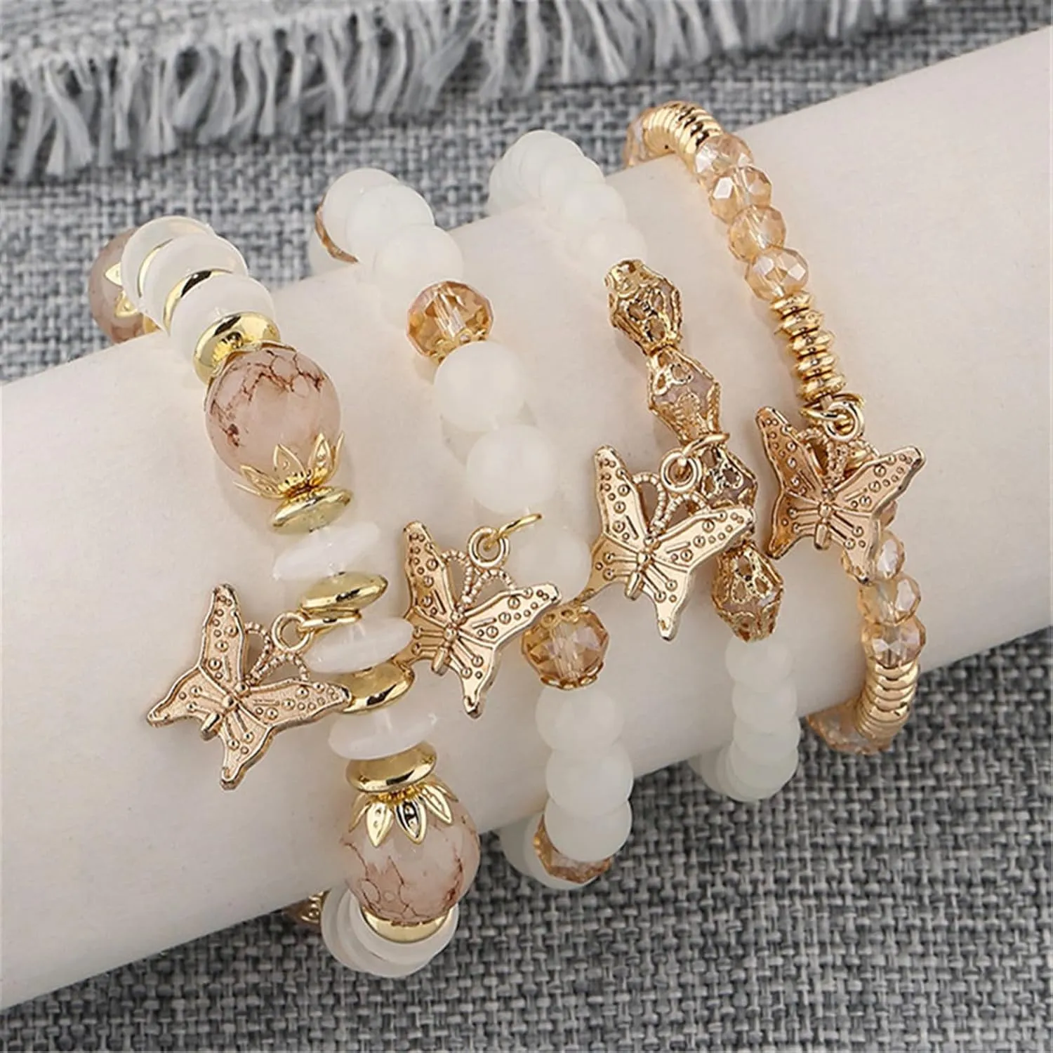 4Pcs Set Bohemian Butterfly Crystal Stone Stretch Pendant Bracelets for Women Gold Beaded Stackable Stretch Bracelet Colorful Charm Jewelry Boho Summer Beach