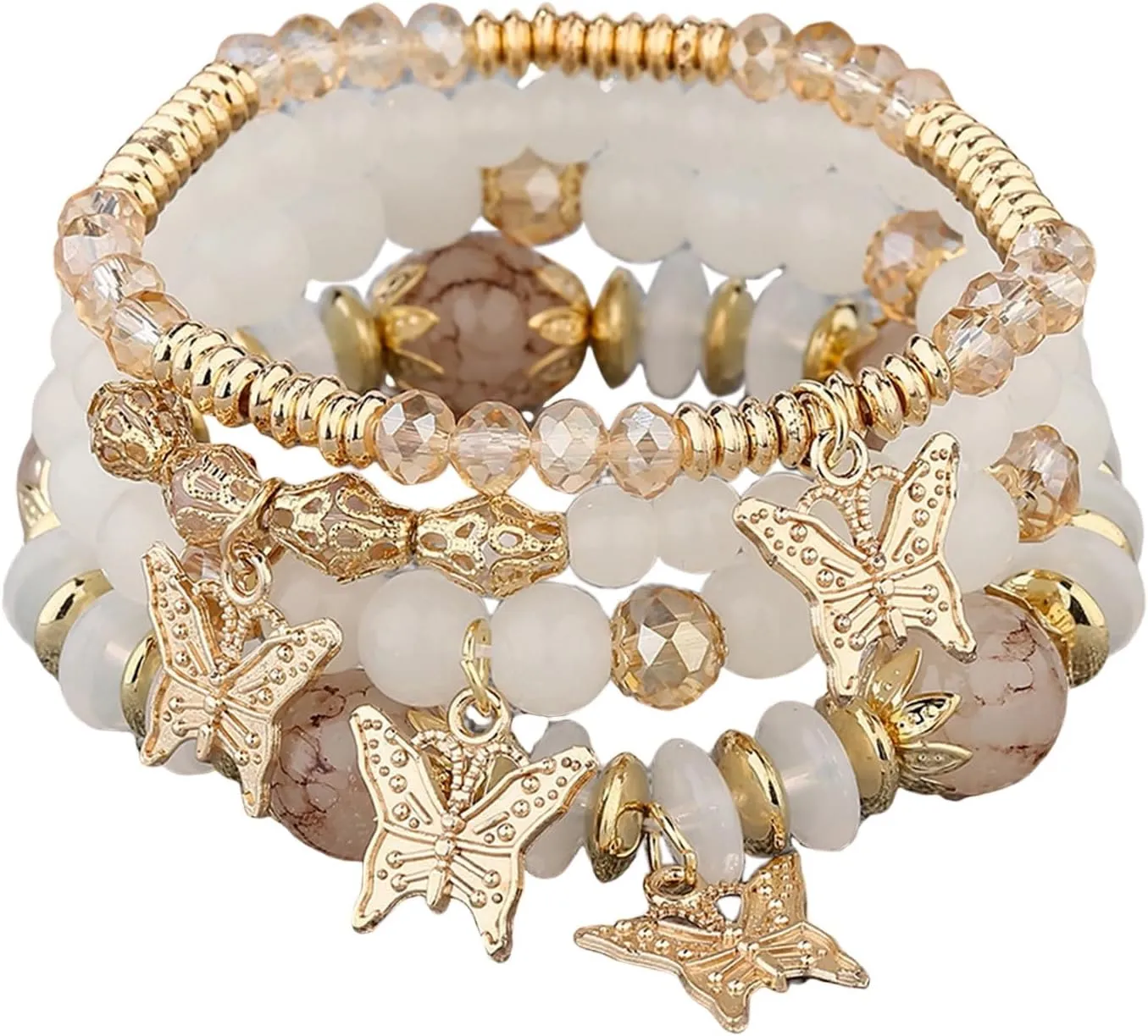 4Pcs Set Bohemian Butterfly Crystal Stone Stretch Pendant Bracelets for Women Gold Beaded Stackable Stretch Bracelet Colorful Charm Jewelry Boho Summer Beach