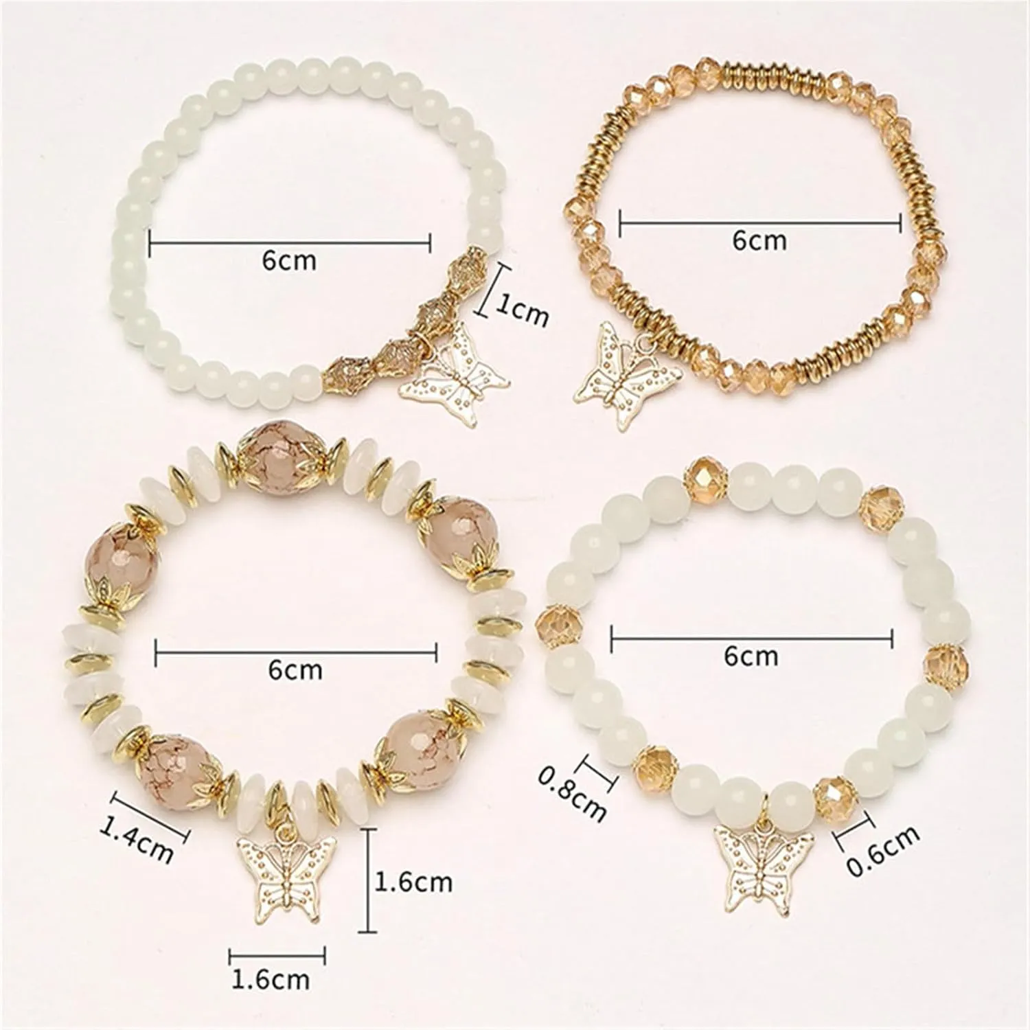 4Pcs Set Bohemian Butterfly Crystal Stone Stretch Pendant Bracelets for Women Gold Beaded Stackable Stretch Bracelet Colorful Charm Jewelry Boho Summer Beach