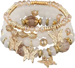 4Pcs Set Bohemian Butterfly Crystal Stone Stretch Pendant Bracelets for Women Gold Beaded Stackable Stretch Bracelet Colorful Charm Jewelry Boho Summer Beach