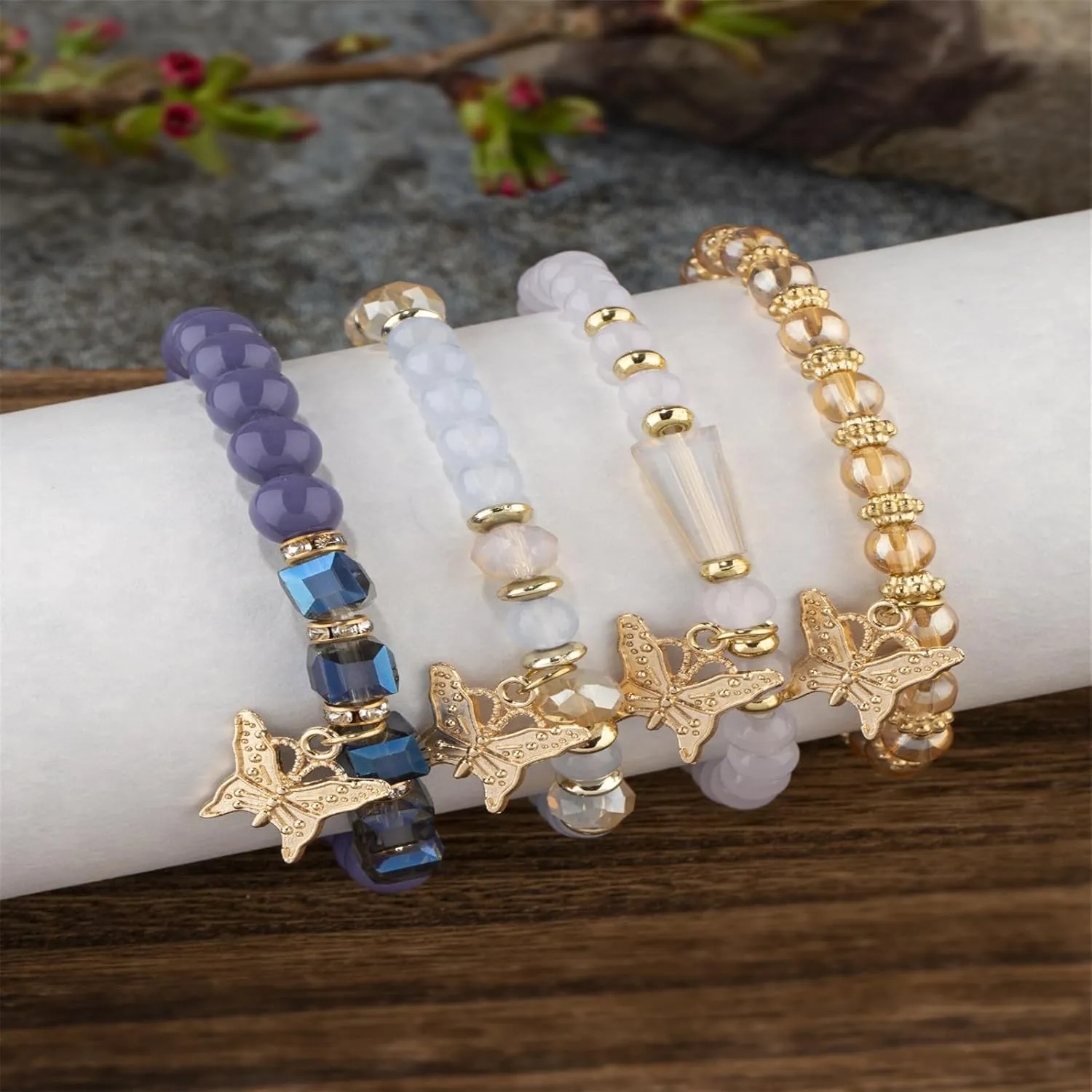 4Pcs Set Bohemian Butterfly Crystal Stone Stretch Pendant Bracelets for Women Gold Beaded Stackable Stretch Bracelet Colorful Charm Jewelry Boho Summer Beach