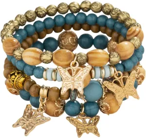 4Pcs Set Bohemian Butterfly Crystal Stone Stretch Pendant Bracelets for Women Gold Beaded Stackable Stretch Bracelet Colorful Charm Jewelry Boho Summer Beach