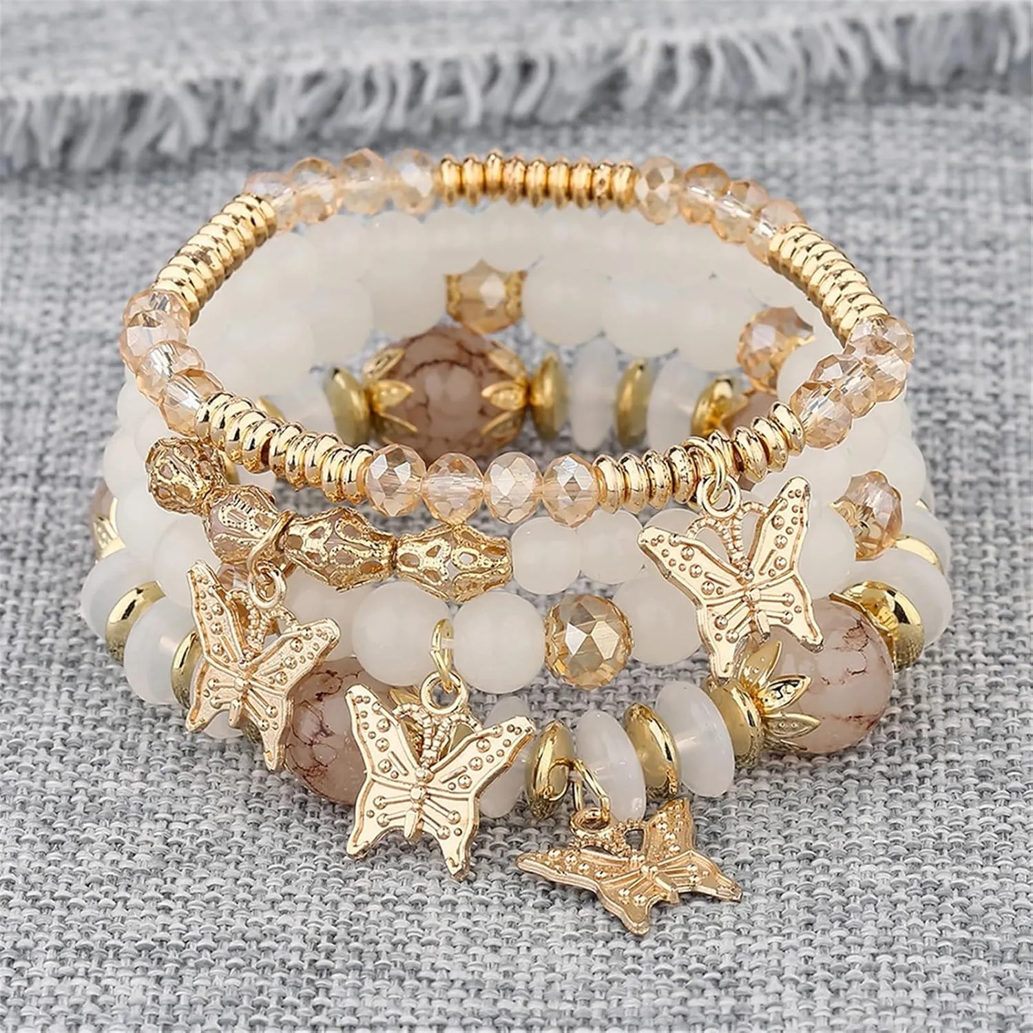 4Pcs Set Bohemian Butterfly Crystal Stone Stretch Pendant Bracelets for Women Gold Beaded Stackable Stretch Bracelet Colorful Charm Jewelry Boho Summer Beach