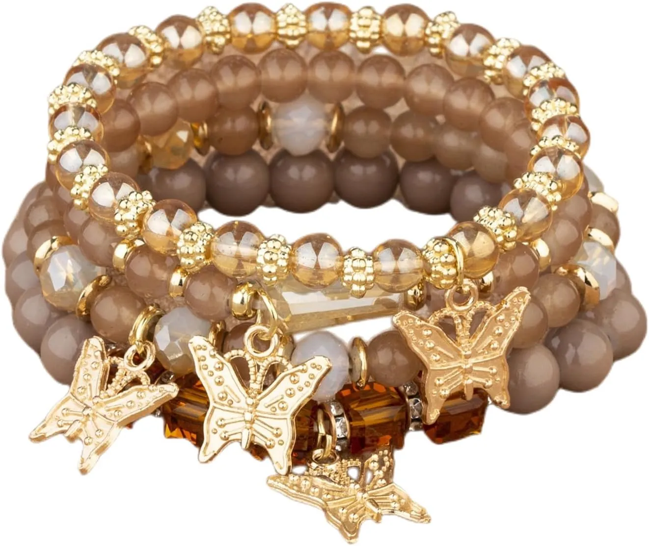 4Pcs Set Bohemian Butterfly Crystal Stone Stretch Pendant Bracelets for Women Gold Beaded Stackable Stretch Bracelet Colorful Charm Jewelry Boho Summer Beach