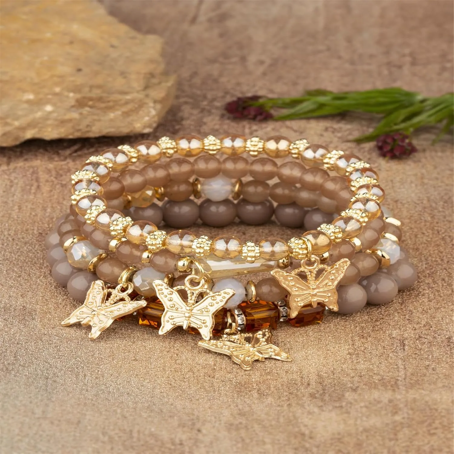 4Pcs Set Bohemian Butterfly Crystal Stone Stretch Pendant Bracelets for Women Gold Beaded Stackable Stretch Bracelet Colorful Charm Jewelry Boho Summer Beach