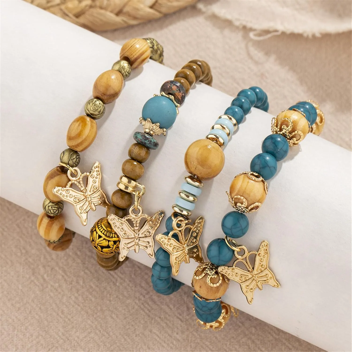4Pcs Set Bohemian Butterfly Crystal Stone Stretch Pendant Bracelets for Women Gold Beaded Stackable Stretch Bracelet Colorful Charm Jewelry Boho Summer Beach