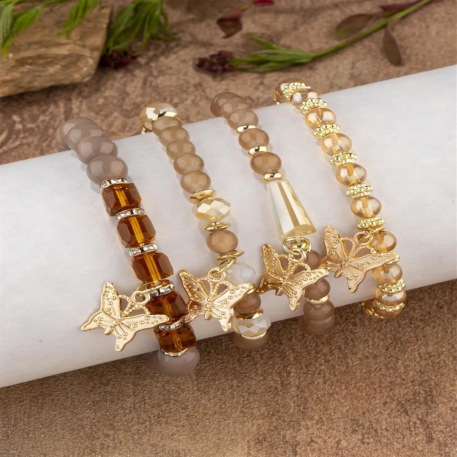 4Pcs Set Bohemian Butterfly Crystal Stone Stretch Pendant Bracelets for Women Gold Beaded Stackable Stretch Bracelet Colorful Charm Jewelry Boho Summer Beach