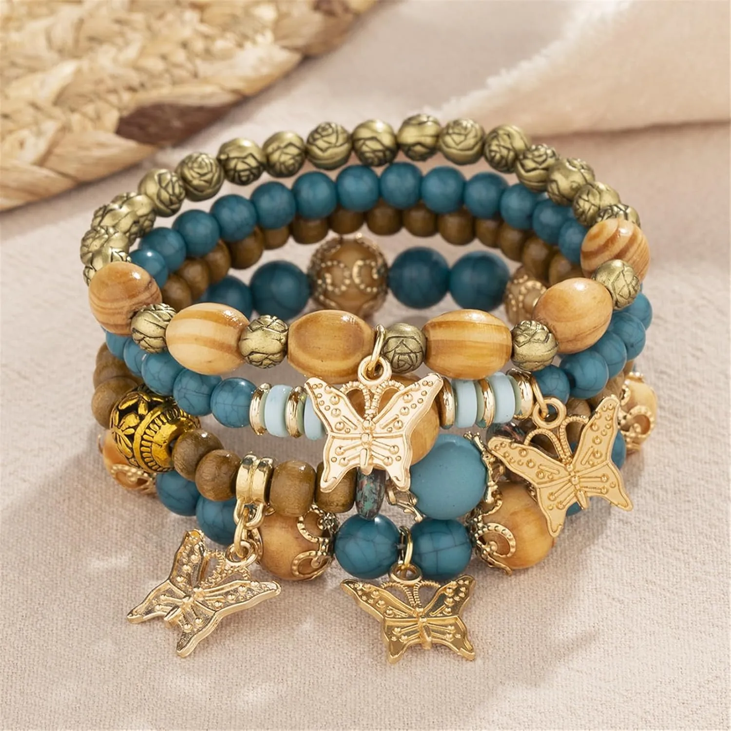 4Pcs Set Bohemian Butterfly Crystal Stone Stretch Pendant Bracelets for Women Gold Beaded Stackable Stretch Bracelet Colorful Charm Jewelry Boho Summer Beach