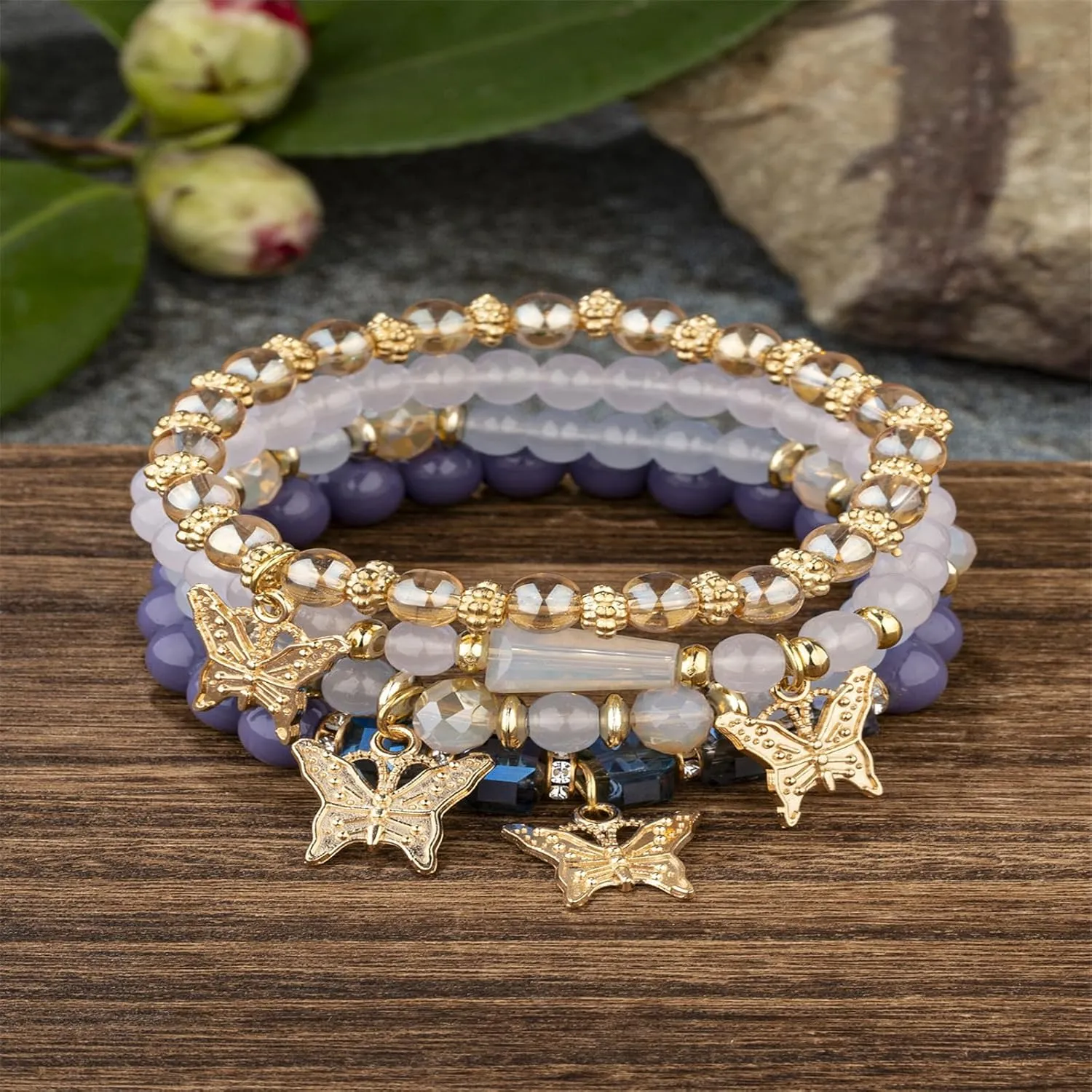 4Pcs Set Bohemian Butterfly Crystal Stone Stretch Pendant Bracelets for Women Gold Beaded Stackable Stretch Bracelet Colorful Charm Jewelry Boho Summer Beach