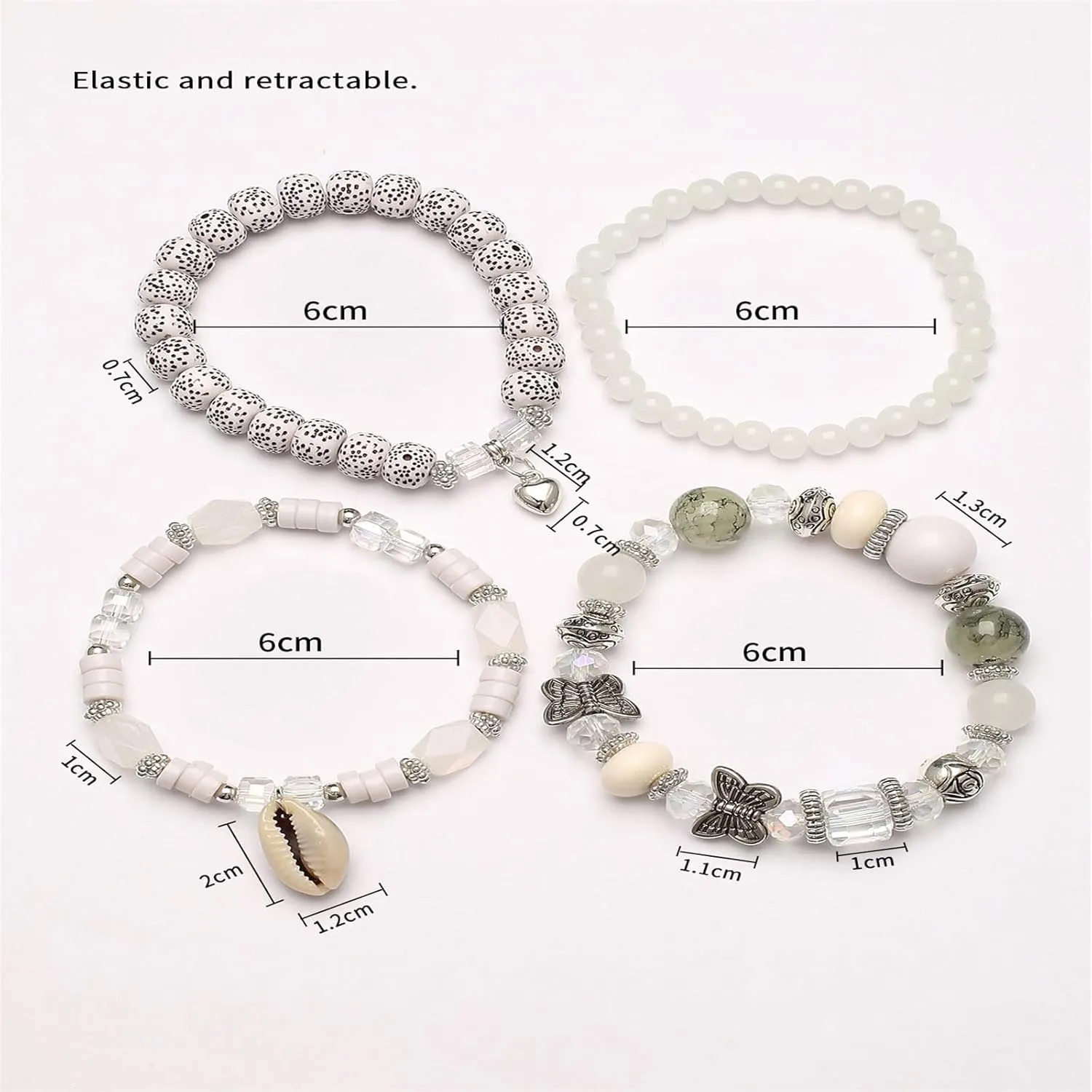 4Pcs Set Bohemian Shell Butterfly Heart Crystal Stone Stretch Pendant Bracelets for Women Beaded Stackable Stretch Bracelet Colorful Charm Jewelry Boho Summer Beach