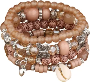 4Pcs Set Bohemian Shell Butterfly Heart Crystal Stone Stretch Pendant Bracelets for Women Beaded Stackable Stretch Bracelet Colorful Charm Jewelry Boho Summer Beach