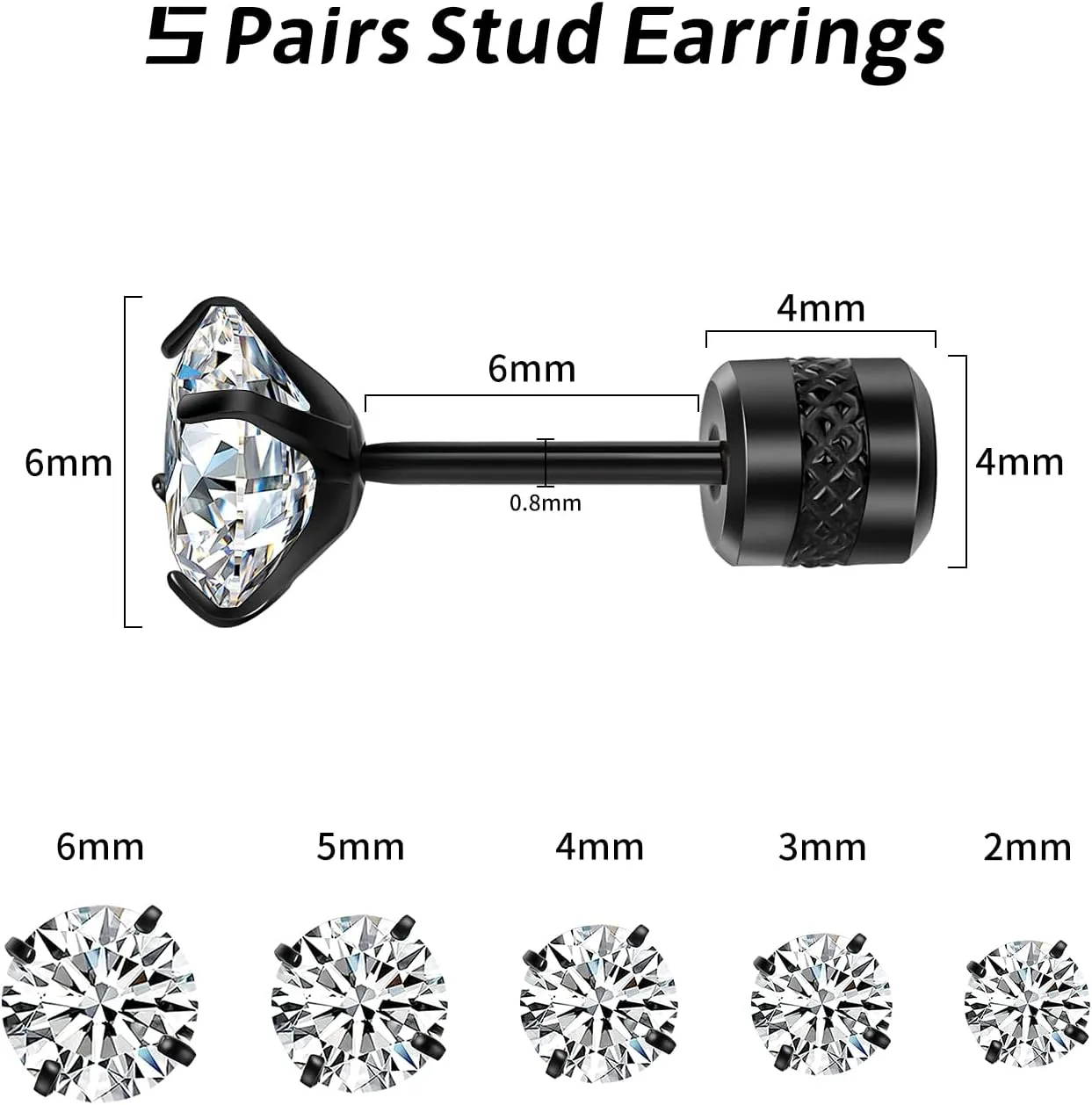 5 PACK Titanium Studs Earrings Screw Back for Women Men Stainless Steel Hypoallergenic Tiny Cubic Zirconia Tragus 20G Piercing for Sensitive Ears Simulated Diamond Cartilage Titanium Earrings