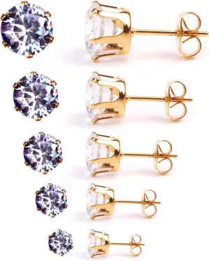 5 Pairs Stud Earrings Set for Women Men Girls/Gold Plated Sterling Earrings Hypoallergenic Round Clear Cubic Zirconia Ear Stud Jewelry