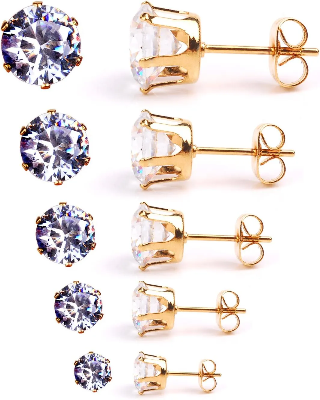 5 Pairs Stud Earrings Set for Women Men Girls/Gold Plated Sterling Earrings Hypoallergenic Round Clear Cubic Zirconia Ear Stud Jewelry