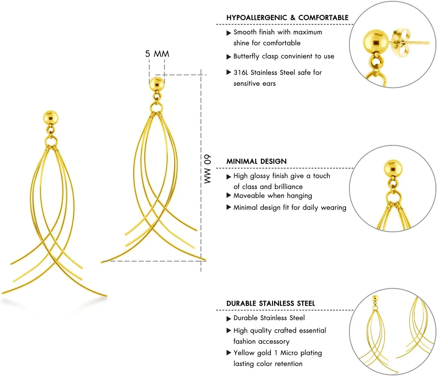555Jewelry Womens Stainless Steel Curved Threader Drop Dangle Statement Earrings