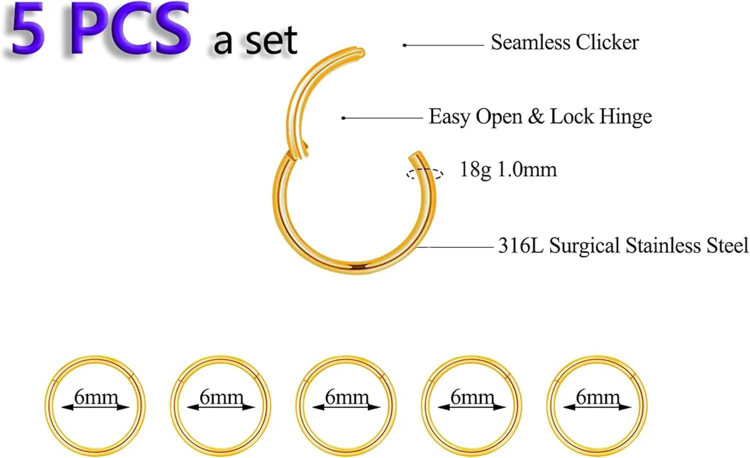 5Pcs 16G 18G Surgical Steel Nose Rings Hoop Tragus Septum Cartilage Hoop Earrings For Women Men Body Piercing Jewelry Kit Bar Length 6mm/8mm/10mm/12mm/14mm