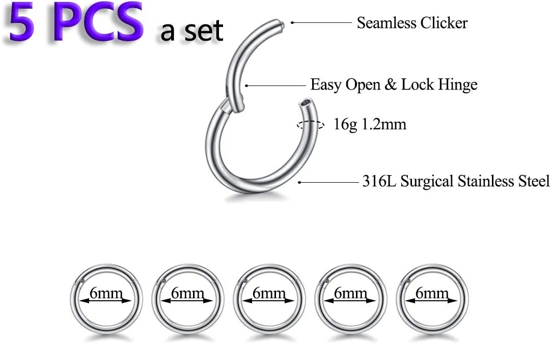 5Pcs 16G 18G Surgical Steel Nose Rings Hoop Tragus Septum Cartilage Hoop Earrings For Women Men Body Piercing Jewelry Kit Bar Length 6mm/8mm/10mm/12mm/14mm