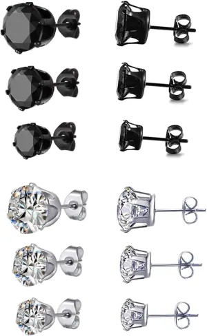 6 Pair titanium and Stainless Steel Mens Womens Stud Earrings Set Black and Clear Round Cubic Zirconia Inlaid Pierced Hypoallergenic 3-5mm(12PCS,3 Pairs Black,3 Pairs Clear)