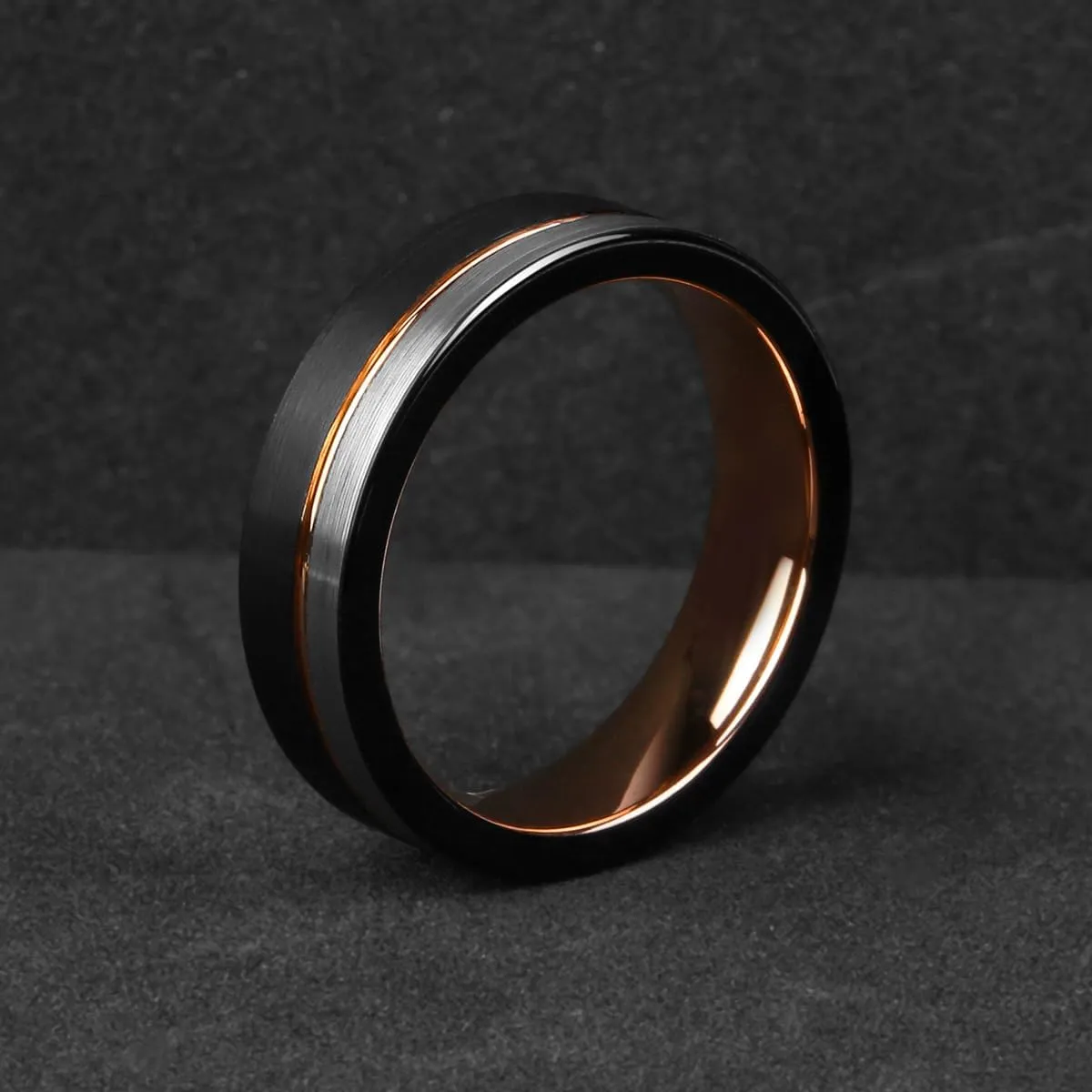 6mm 8mm 10mm RoseGold Tungsten Carbide Rings Black Mens Wedding Band Groove Center Ring Beveled Edges Comfort Fit Size 5-14.5