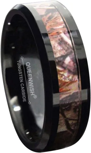 6mm /8mm Black Tungsten Camo Wedding Rings for Men & Women Hunting Camouflage Inlay Engagement Couples Jewelry Band Beveled Edges Comfort Fit