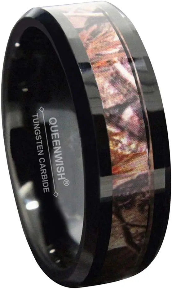 6mm /8mm Black Tungsten Camo Wedding Rings for Men & Women Hunting Camouflage Inlay Engagement Couples Jewelry Band Beveled Edges Comfort Fit