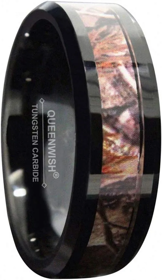 6mm /8mm Black Tungsten Camo Wedding Rings for Men & Women Hunting Camouflage Inlay Engagement Couples Jewelry Band Beveled Edges Comfort Fit