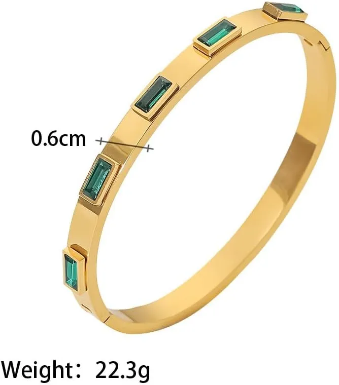 6mm Cubic Zirconia Classic Cuff Bangle Bracelets Dainty 14K Real Gold Plated Stainless Steel Green Clear CZ Friendship Hinged Bracelet 7" Fashion Jewelry Christmas Birthday Valentines Day Gift Her Bff