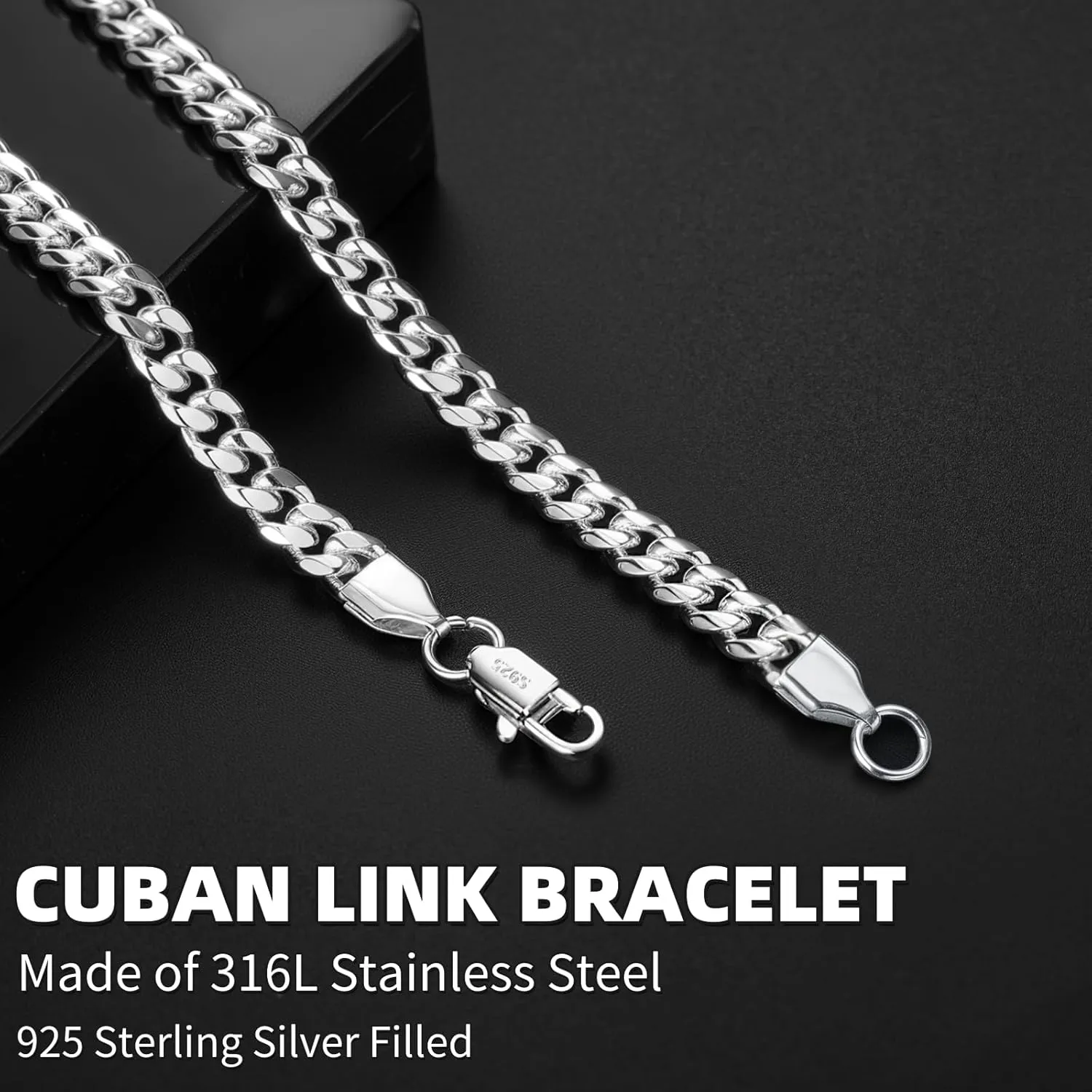 6mm Silver Miami Cuban Link Bracelet 316L Stainless Steel 925 Sterling Silver Filled Thick Non Tarnish Hip Hop Fashion Jewelry for Men Women with Gift Box