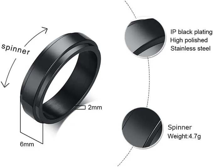 6mm/8mm Titanium Steel Black/Silver Fidget Ring Stainless Steel Spinner Rings Stress Relieving Anxiety Ring Engagement Wedding Promise Band for Women Men Size 6-13