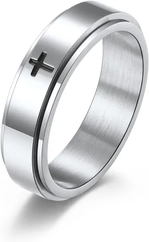 6mm/8mm Titanium Steel Black/Silver/Gold Fidget Ring Engraved Small Cross Stainless Steel Spinner Rings Stress Relieving Anxiety Ring Engagement Wedding Promise Band for Women Men Size 5-15