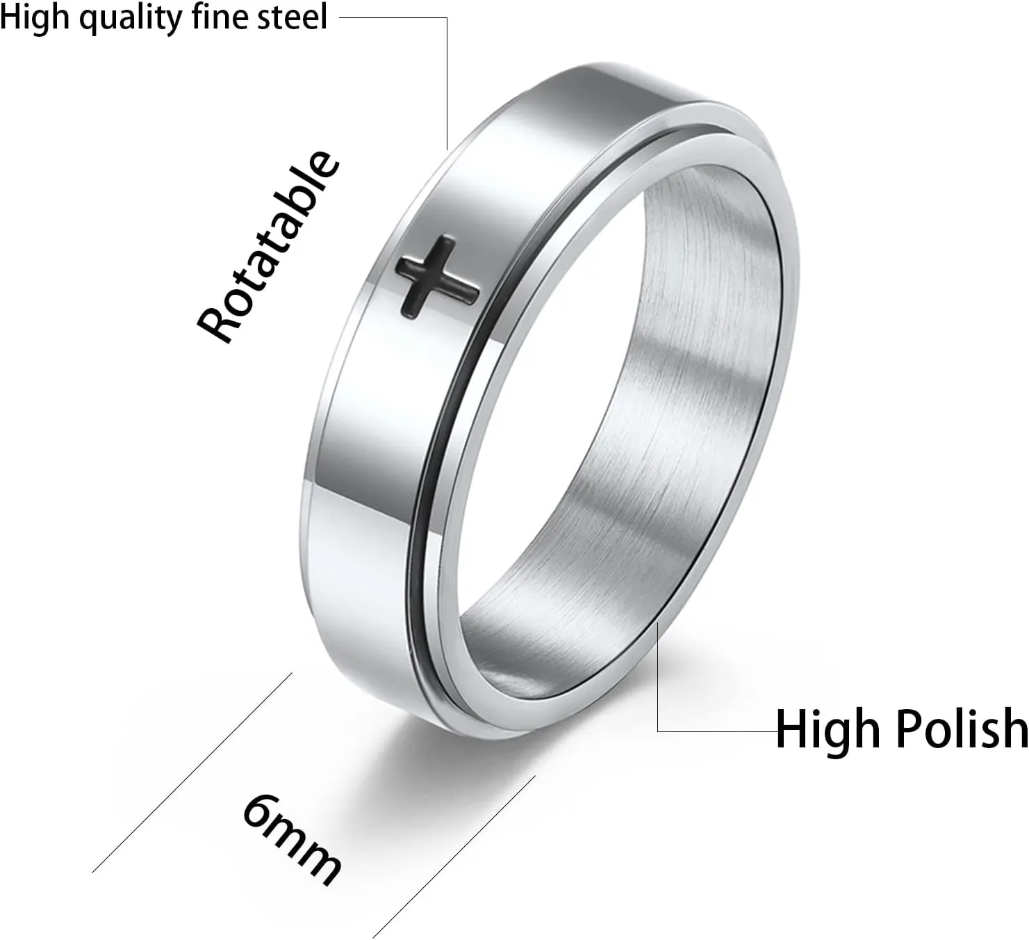 6mm/8mm Titanium Steel Black/Silver/Gold Fidget Ring Engraved Small Cross Stainless Steel Spinner Rings Stress Relieving Anxiety Ring Engagement Wedding Promise Band for Women Men Size 5-15