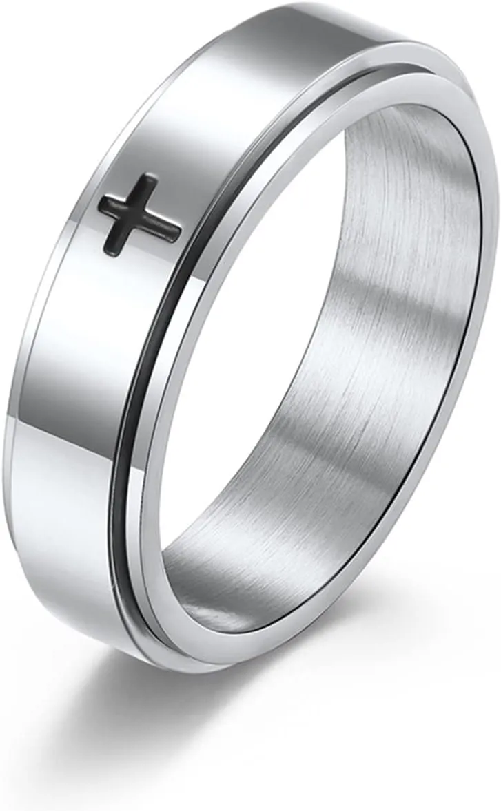 6mm/8mm Titanium Steel Black/Silver/Gold Fidget Ring Engraved Small Cross Stainless Steel Spinner Rings Stress Relieving Anxiety Ring Engagement Wedding Promise Band for Women Men Size 5-15