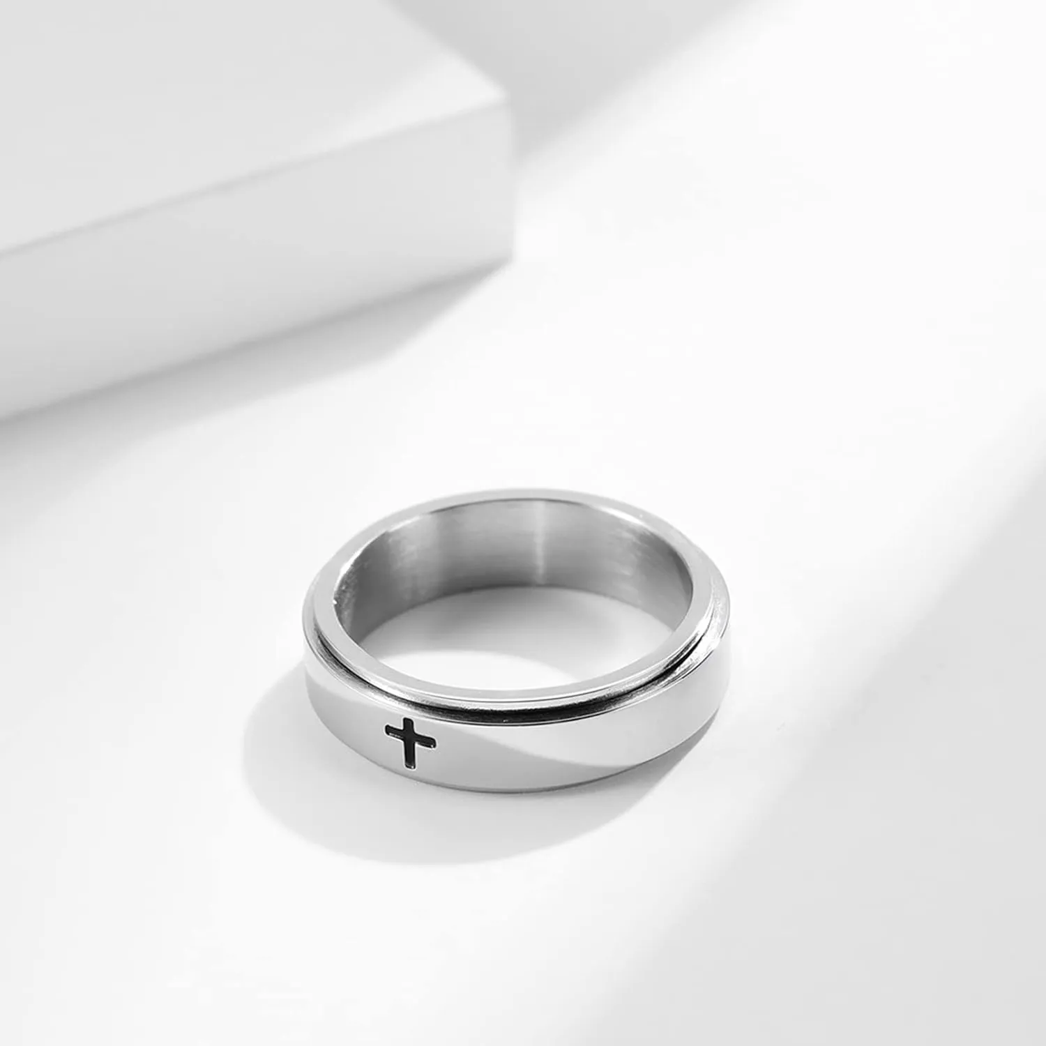 6mm/8mm Titanium Steel Black/Silver/Gold Fidget Ring Engraved Small Cross Stainless Steel Spinner Rings Stress Relieving Anxiety Ring Engagement Wedding Promise Band for Women Men Size 5-15