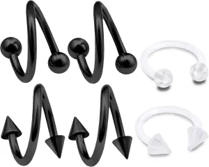 6pcs 16g Spiral Piercing Black Anodized Cartilage Earring Lip Tragus Hoop Helix Twisted Bar Studs ACVS Balls Pick Size
