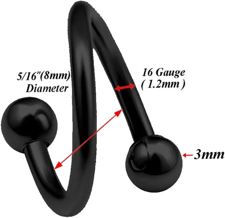 6pcs 16g Spiral Piercing Black Anodized Cartilage Earring Lip Tragus Hoop Helix Twisted Bar Studs ACVS Balls Pick Size