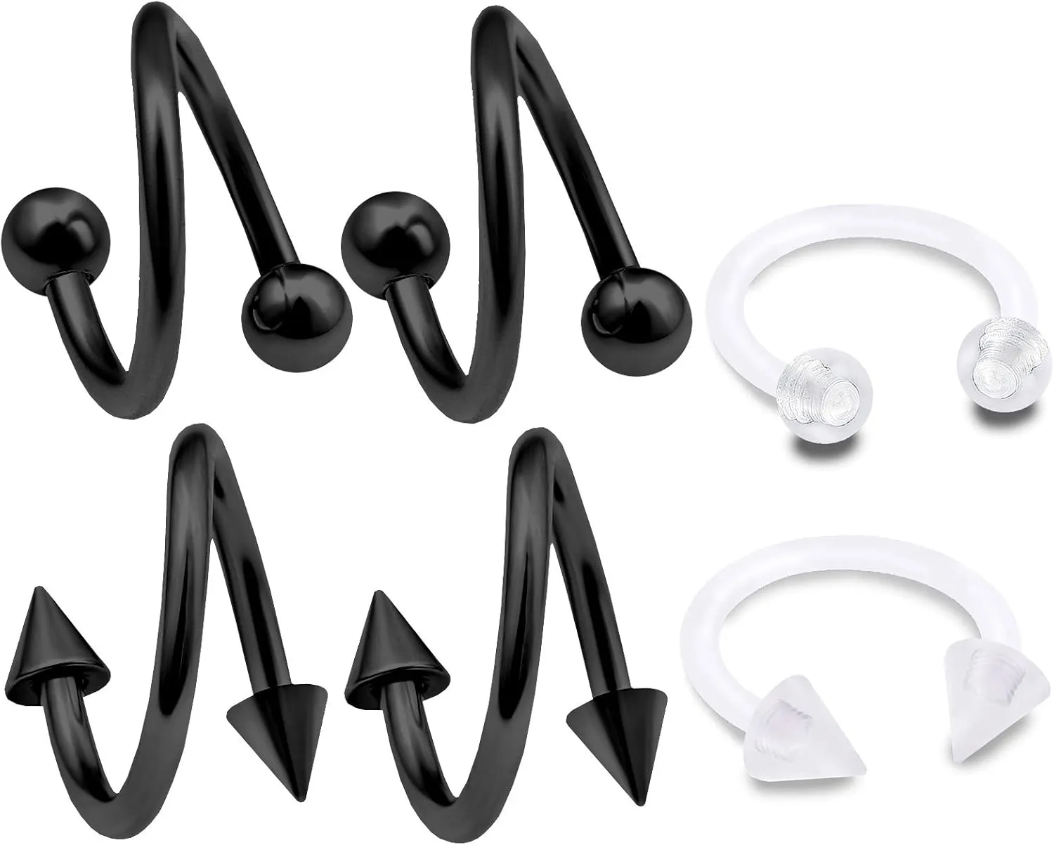 6pcs 16g Spiral Piercing Black Anodized Cartilage Earring Lip Tragus Hoop Helix Twisted Bar Studs ACVS Balls Pick Size