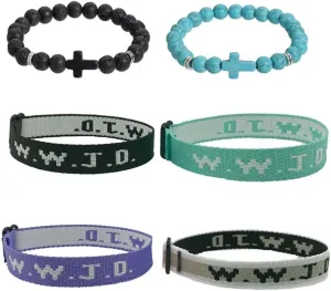6PCS WWJD Braided Rope Bracelet Cross Charm Beads Stretch Bracelet Set Colorful What Would Jesus Do Religious Christian Friendship Jewelry for Women Men
