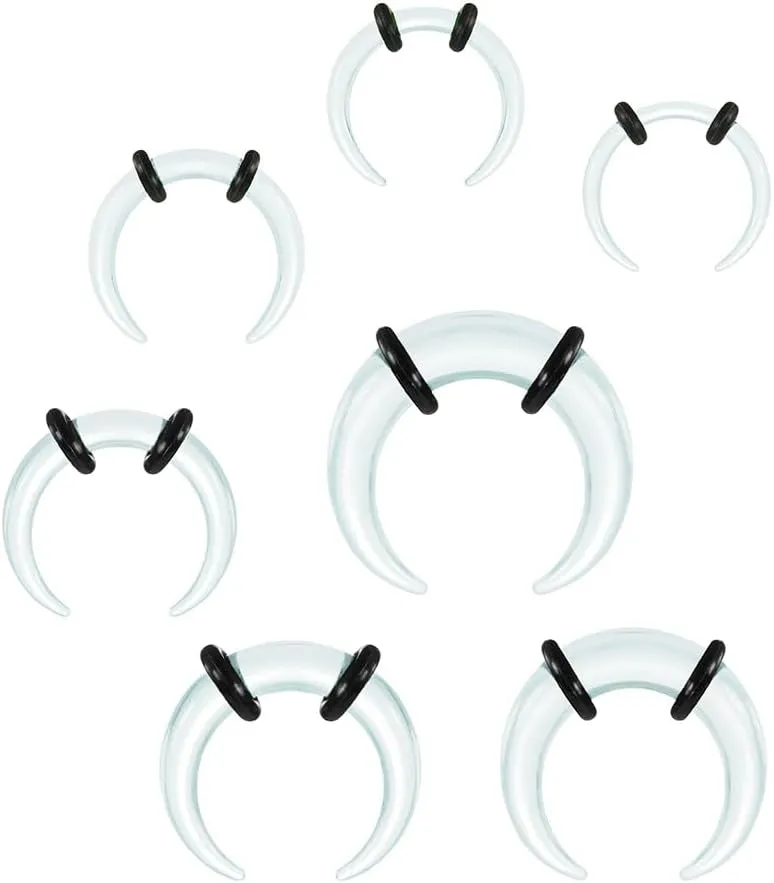 7Pcs Glass Septum Stretching Kit Set - C Shape Pincher Tapers with O-Rings, 14G to 2G, Buffalo Septum Retainers Rings for Nose & Ear Piercing Jewelry