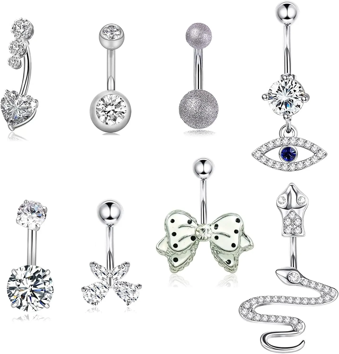 8 Pcs Belly Button Ring 14G Belly Rings for Women Stainless Steel CZ Body Piercing Danling Belly Ring Pack Silver