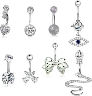 8 Pcs Belly Button Ring 14G Belly Rings for Women Stainless Steel CZ Body Piercing Danling Belly Ring Pack Silver