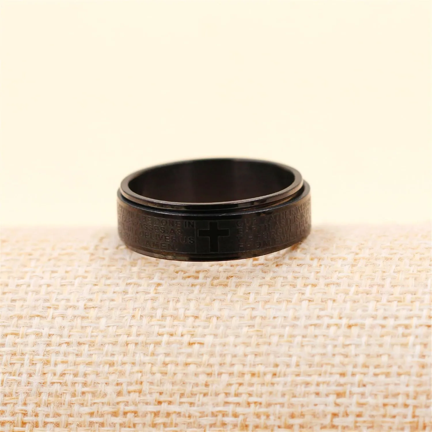 8mm Men's Stylish Black Ring with Cross and Engraved Prayer, Christian Scriptures and Rotating Rings for Christmas Birthday, Available in Sizes 7-13