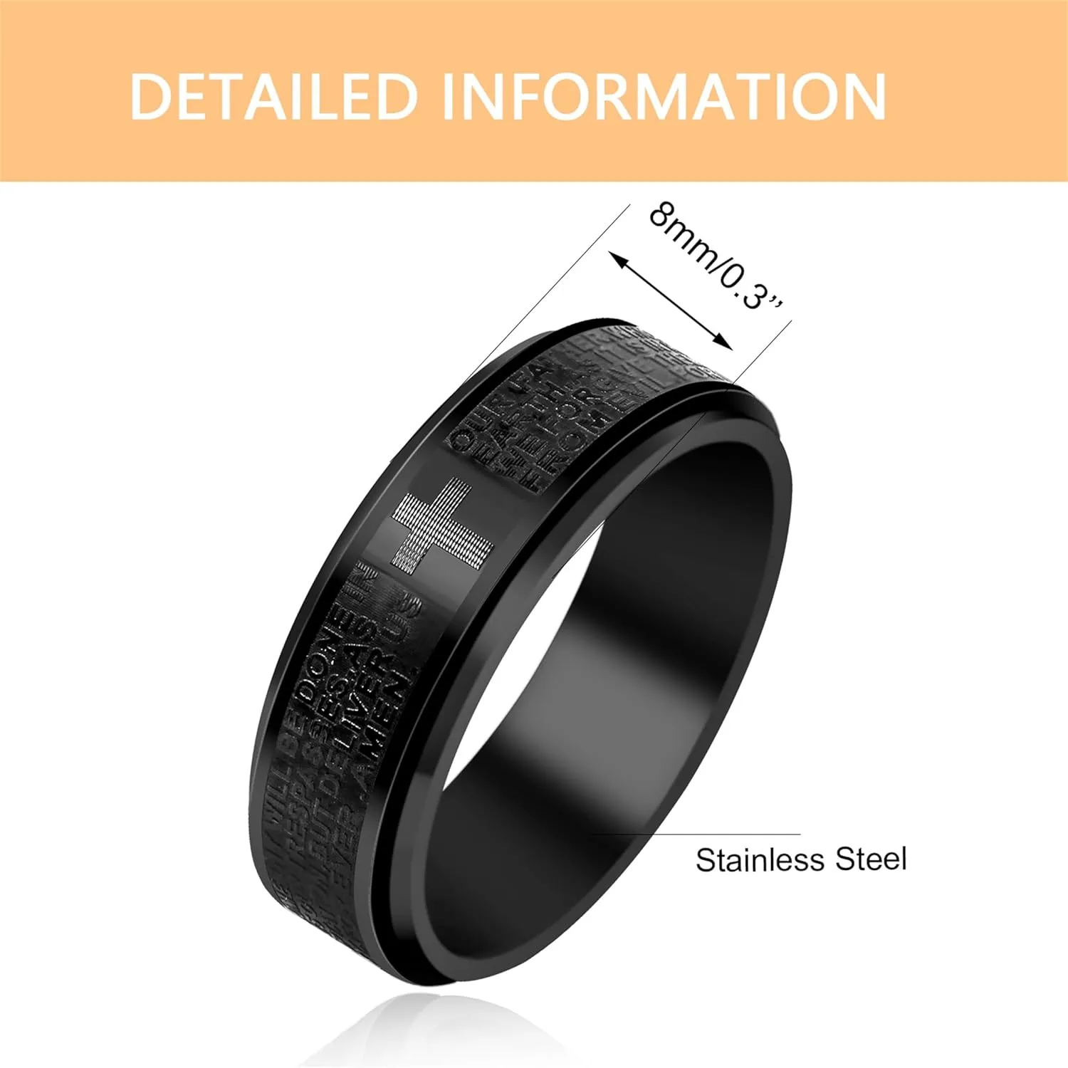 8mm Men's Stylish Black Ring with Cross and Engraved Prayer, Christian Scriptures and Rotating Rings for Christmas Birthday, Available in Sizes 7-13