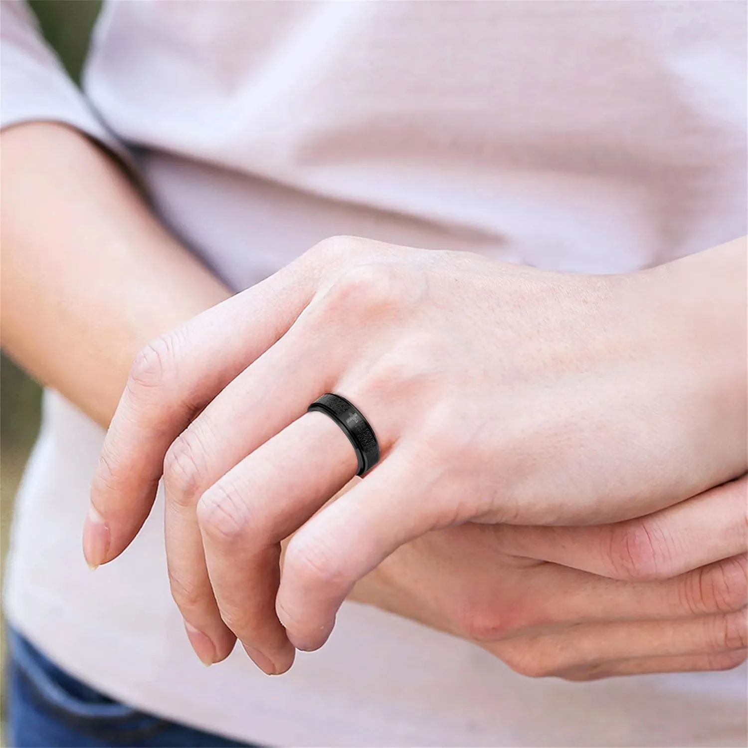 8mm Men's Stylish Black Ring with Cross and Engraved Prayer, Christian Scriptures and Rotating Rings for Christmas Birthday, Available in Sizes 7-13
