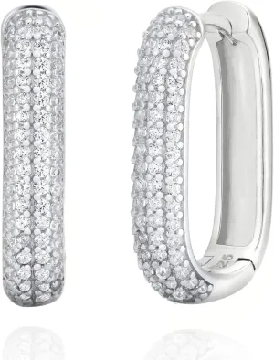 925 Sterling Silver 30mm Rectangle Shape Icon Pave Zircon Huggie Hoop Earrings