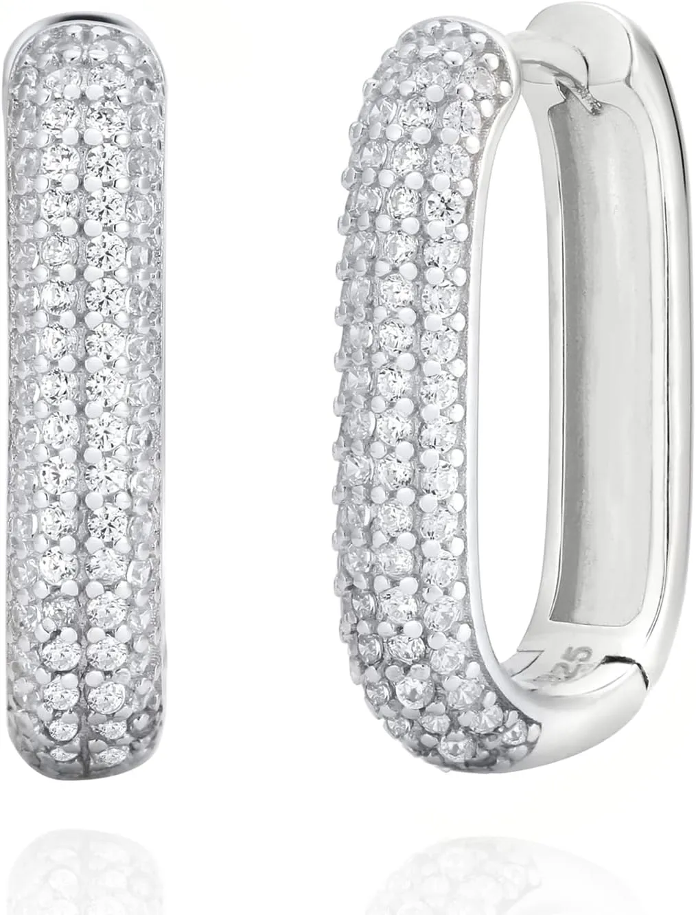 925 Sterling Silver 30mm Rectangle Shape Icon Pave Zircon Huggie Hoop Earrings