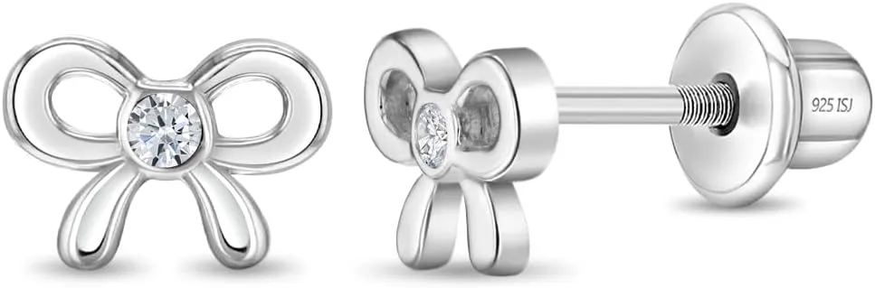 925 Sterling Silver Clear Cubic Zirconia Tiny Bow Children's Screw Back Earrings for Toddlers & Young Girls