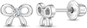 925 Sterling Silver Clear Cubic Zirconia Tiny Bow Children's Screw Back Earrings for Toddlers & Young Girls