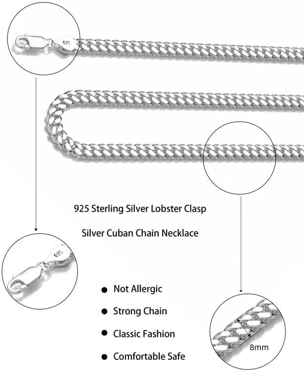 925 Sterling Silver Cuban Chain Lobster Clasp 7/8/10mm Silver/Gold Over Cuban Link Curb Chain Necklace for Men Women Diamond Cut 16-30 Inches