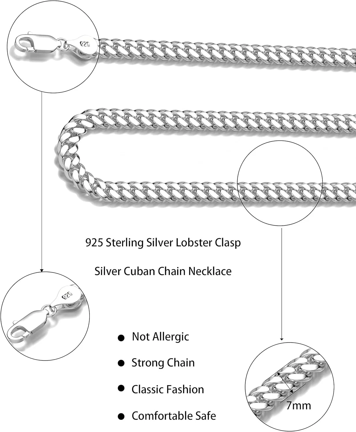 925 Sterling Silver Cuban Chain Lobster Clasp 7/8/10mm Silver/Gold Over Cuban Link Curb Chain Necklace for Men Women Diamond Cut 16-30 Inches