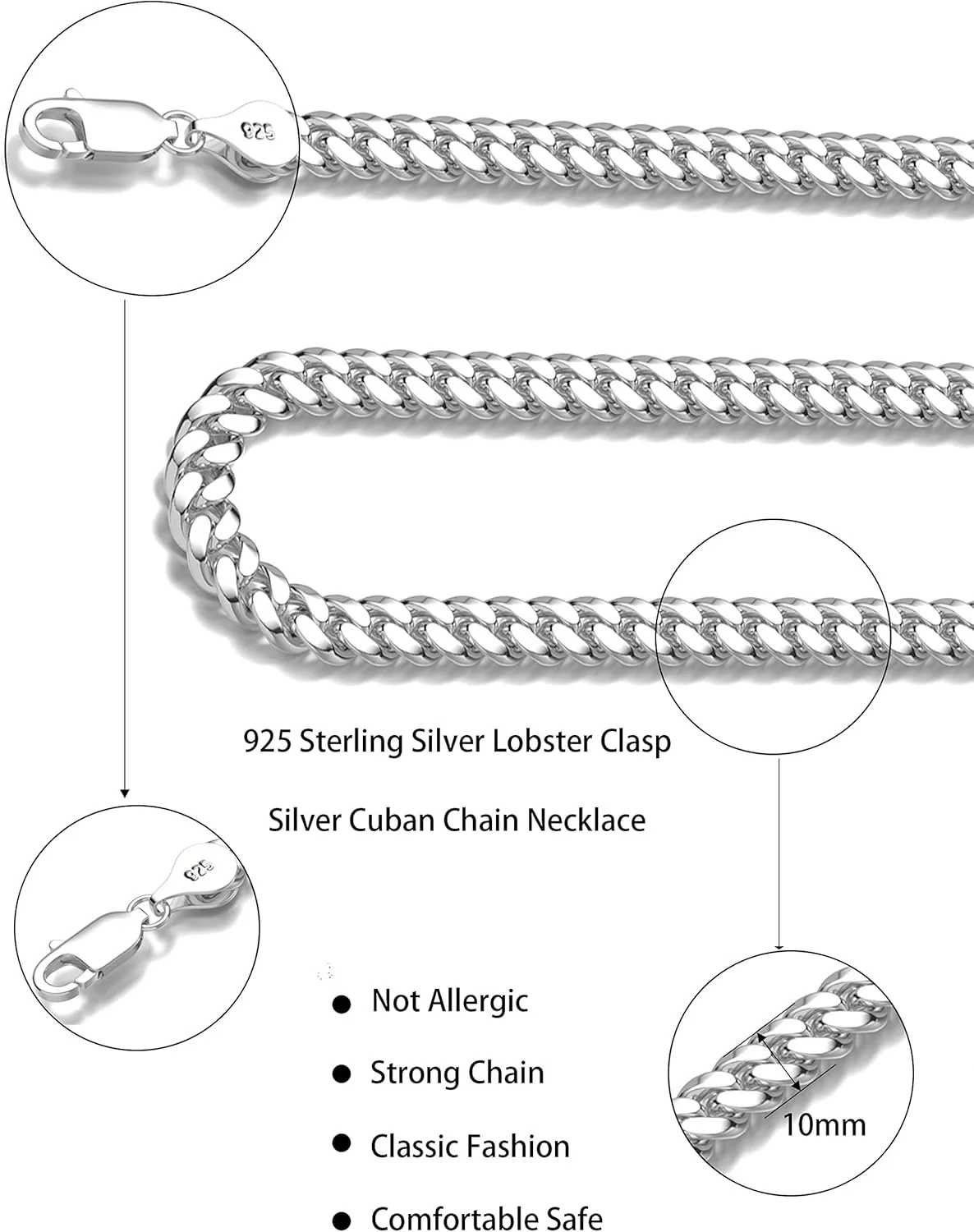 925 Sterling Silver Cuban Chain Lobster Clasp 7/8/10mm Silver/Gold Over Cuban Link Curb Chain Necklace for Men Women Diamond Cut 16-30 Inches